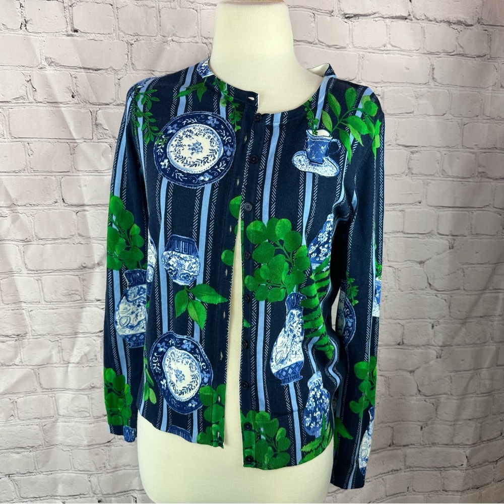 Talbots Navy Kelly Green floral china tea cup Printed Cardigan sweater petites M